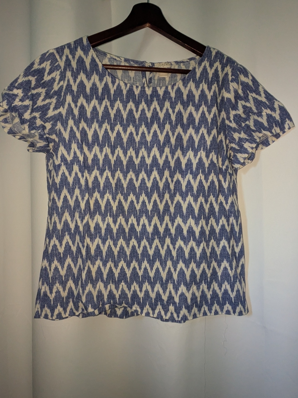 J. Crew Factory Blue and White Ikat Short Sleeve Linen Top